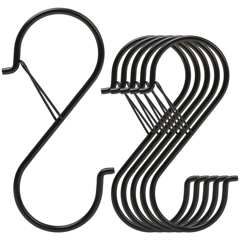 Ansxiy 6 Pack 5 Inch S Hooks for Hanging  Heavy Duty S Hooks with Safety Buckle  S Shape Hooks for Hanging Kitchen Utensils  Pots and Pans  Cups  Plants  Clothes and Bags  Black - Image 1